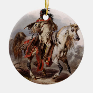 Ornement En Céramique Indien Blackfoot sur le cheval Arabe étant chass
