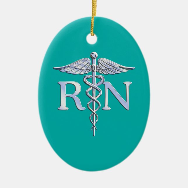 Ornement En Céramique Infirmière inscrite RN Stylish Caduceus sur Turquo (Devant)