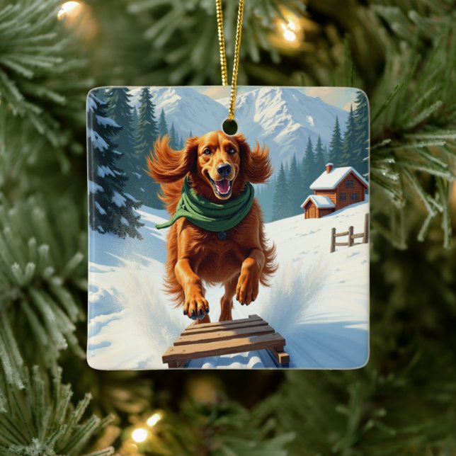 Ornement En Céramique Irish Setter Sledding Adventure Christmas Painting (Arbre)
