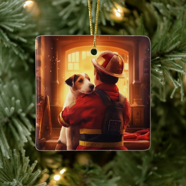 Ornement En Céramique Jack Russell Terrier Pompiers, chiots, amoureux de (Arbre)