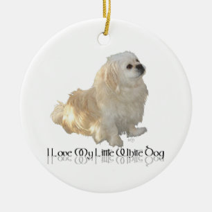 Ornement En Céramique J'adore mon petit chien blanc - Pékinois !