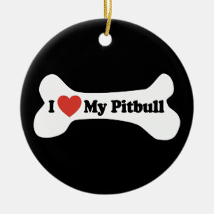 Ornement En Céramique J'aime mon Pitbull - os de chien