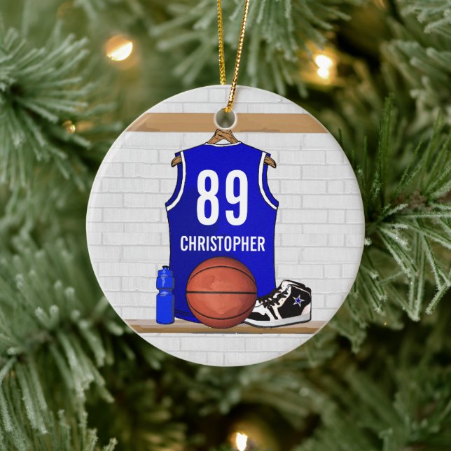 Ornement En Céramique Jersey de basket-ball bleu et blanc personnalisé (Arbre)
