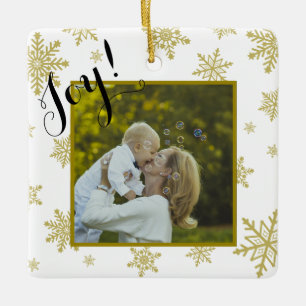Ornement En Céramique Joie ! Fun Gold & white Snowflakes Christmas Photo