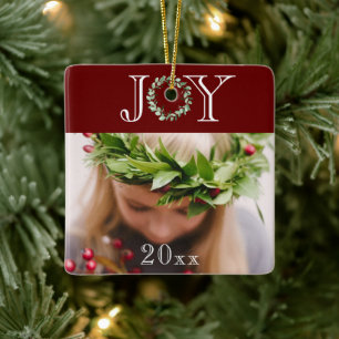 Ornement En Céramique Joie Photo Fête Rouge Personnalisée Noël
