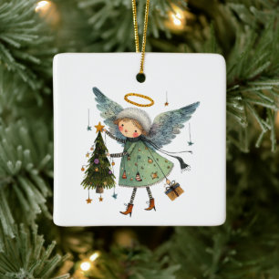 Ornement En Céramique Joli ange avec sapin de Noël