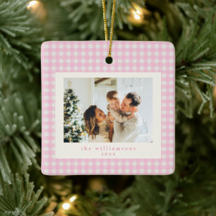 Ornement En Céramique Joli Gingham à Carreaux Rose Photo Personnalisée N
