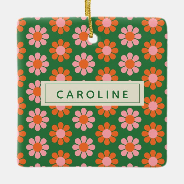Ornement En Céramique Joli motif de fleur rétro coloré Vert Rose Nom (Devant)