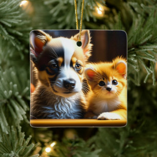 Ornement En Céramique Joli Noël personnalisé de chiot et de chaton