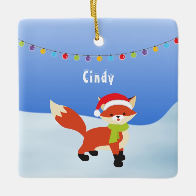 Ornement En Céramique Joli renard de Noël sur neige (Devant)