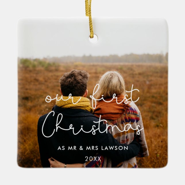 Ornement En Céramique Joli script Notre première photo de couple de Noël (Devant)