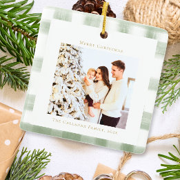 Ornement En Céramique Joli Vert En vichy Plaid Photo personnalisée Noël