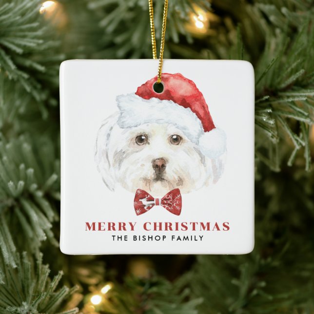 Ornement En Céramique Jolie aquarelle Maltese Père Noël Joyeux Noël (Arbre)