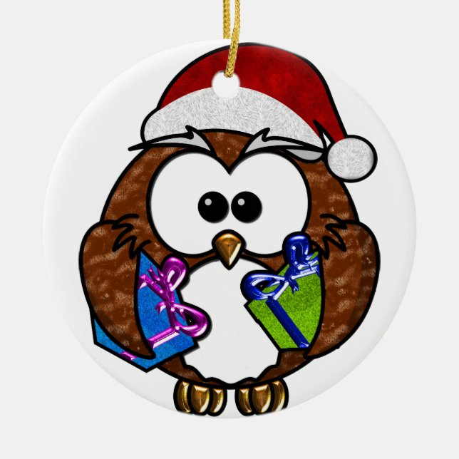Ornement En Céramique Jolie Chouette de Noël tenant présente (Devant)