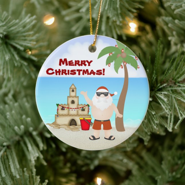 Ornement En Céramique Jolie Père Noël à la plage Joyeux Noël (Arbre)