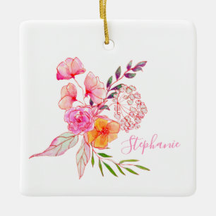 Ornement En Céramique Jolie typographie rose florale aquarelle nom