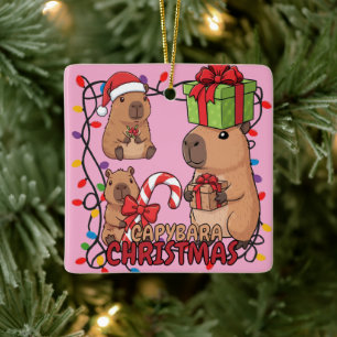 Ornement En Céramique Jolies lumières de Noël Capybara Fête festive rose