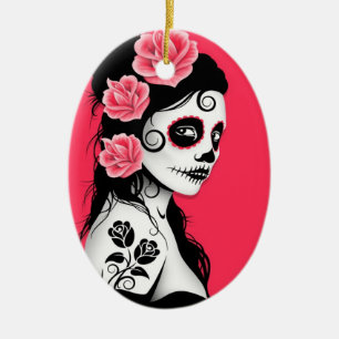 Ornement En Céramique Jour de la fille morte de crâne de sucre - rose