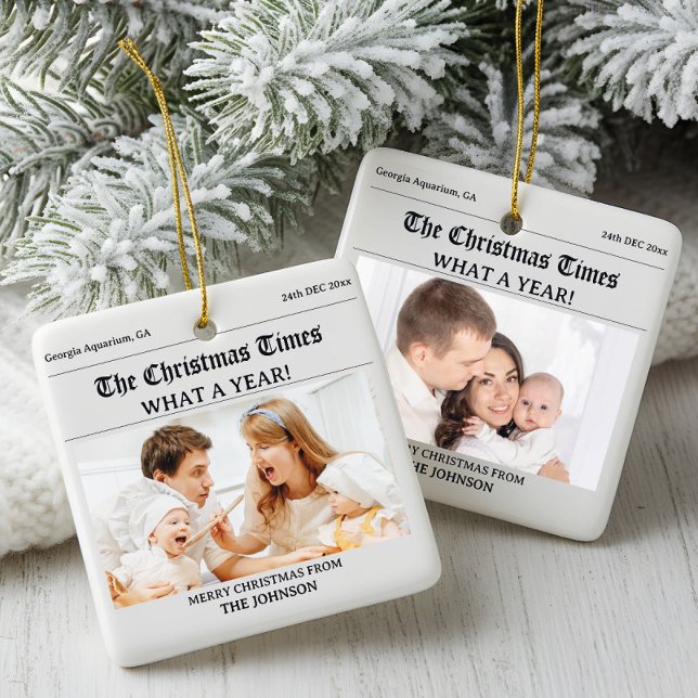 Ornement En Céramique Journal de Noël personnalisé Double photo (Créateur téléchargé)