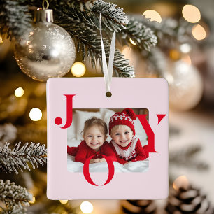Ornement En Céramique JOY   Cadeau photo moderne rouge et rose de Noël