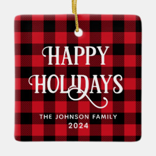 Ornement En Céramique Joyeuses vacances Buffalo Plaid Family Photo