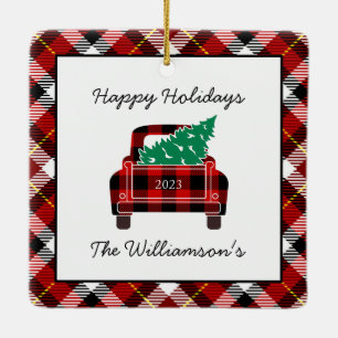 Ornement En Céramique Joyeuses Vacances Rouge Black Plaid Truck Tree Cus