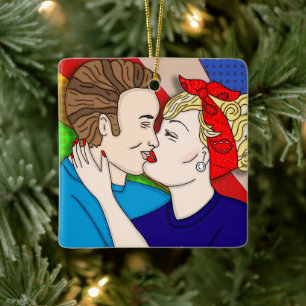 Ornement En Céramique Joyeux amoureux de Noël   Couple rétro Kissing