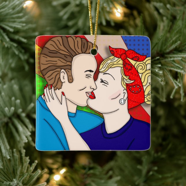 Ornement En Céramique Joyeux amoureux de Noël | Couple rétro Kissing (Arbre)