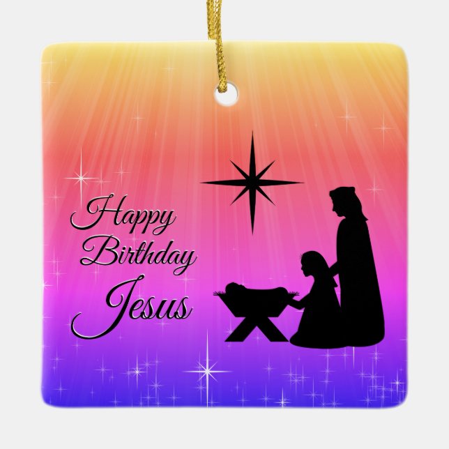 Ornement En Céramique Joyeux anniversaire Jésus, Nativité de Noël (Devant)