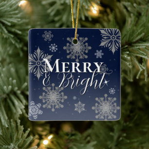 Ornement En Céramique Joyeux bleu et flèches de neige brillantes Noël
