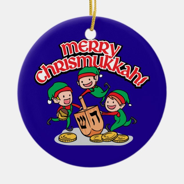 Ornement En Céramique Joyeux Chrismukah avec Elves et Rêves (Devant)