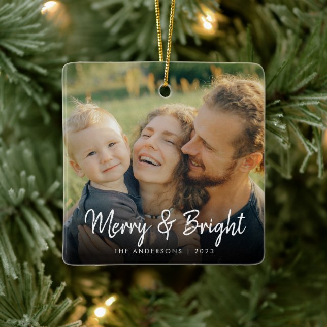 Ornement En Céramique Joyeux et lumineux | Joyeuse photo de Noël familia (Arbre)