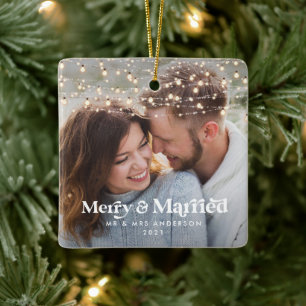 Ornement En Céramique Joyeux et marié mariage photo Noël Twinkle