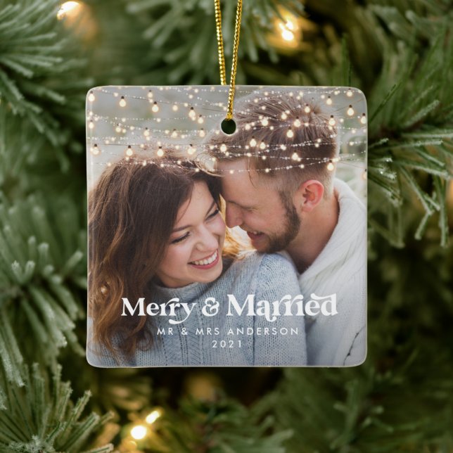Ornement En Céramique Joyeux et marié mariage photo Noël Twinkle (Arbre)