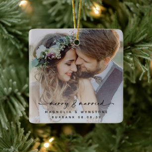 Ornement En Céramique Joyeux et mariés Nouveaux mariés Photo Keepsaké