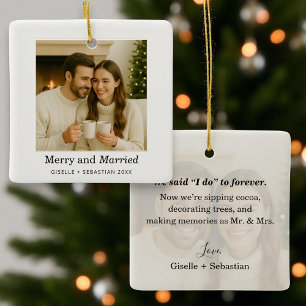Ornement En Céramique Joyeux et mariés Première photo de Noël