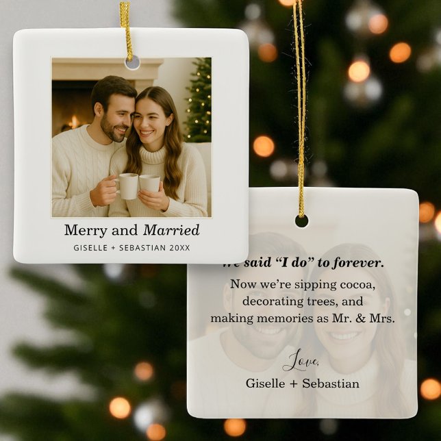 Ornement En Céramique Joyeux et mariés Première photo de Noël (Créateur téléchargé)