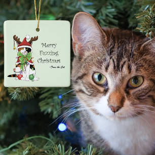 Ornement En Céramique Joyeux Fuzing Chat de Noël
