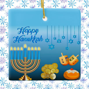 Ornement En Céramique Joyeux Hanukkah Menorah Dreidels Bleu
