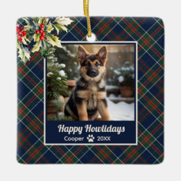Ornement En Céramique Joyeux Howlidays Chien Bleu Plaid Noël