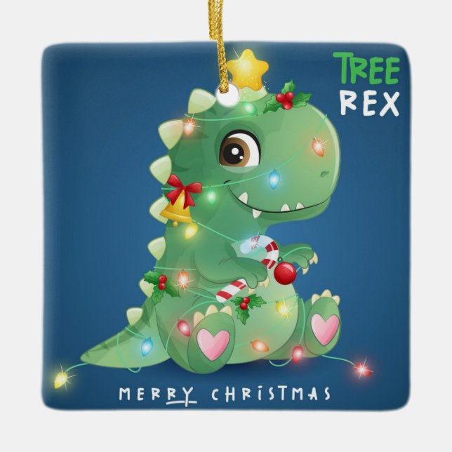 Ornement En Céramique Joyeux Noël Arbre Rex Dinosaur (Devant)