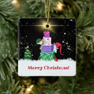 Ornement En Céramique Joyeux Noël aux Elfes avec des cadeaux de Noël