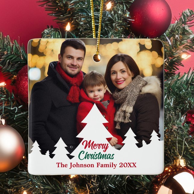 Ornement En Céramique Joyeux Noël Blanc Arbres Famille Photo Custom (Créateur téléchargé)