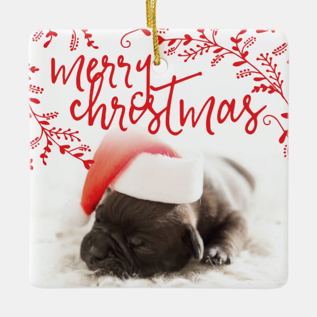 Ornement En Céramique Joyeux Noël Branches rouges Custom Pet Photo (Devant)