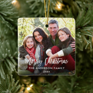 Ornement En Céramique Joyeux Noël Brush Script Famille Photo W