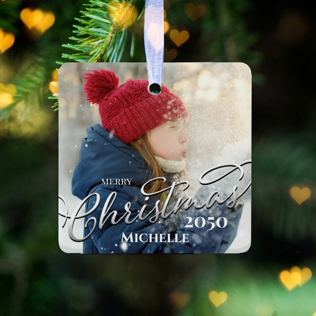 Ornement En Céramique Joyeux Noël Calligraphie bleu marine photo plaid (Merry Christmas holiday silver calligraphy script photo ceramic square ornament)