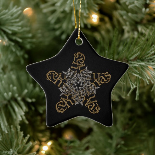 Ornement En Céramique Joyeux Noël Calligraphie étoile sur noir (Arbre)