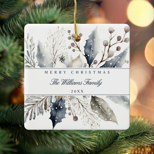 Ornement En Céramique Joyeux Noël Elégante Aquarelle d'hiver Floral (Créateur téléchargé)
