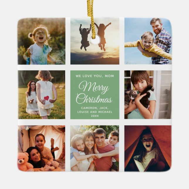 Ornement En Céramique Joyeux Noël Maman Dusty Green Chic Photo Collage (Devant)