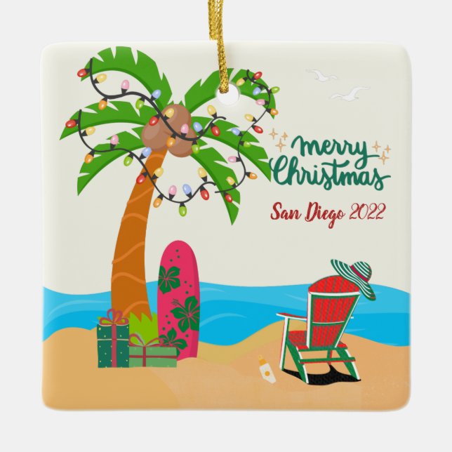 Ornement En Céramique Joyeux Noël personnalisé à la plage (Devant)